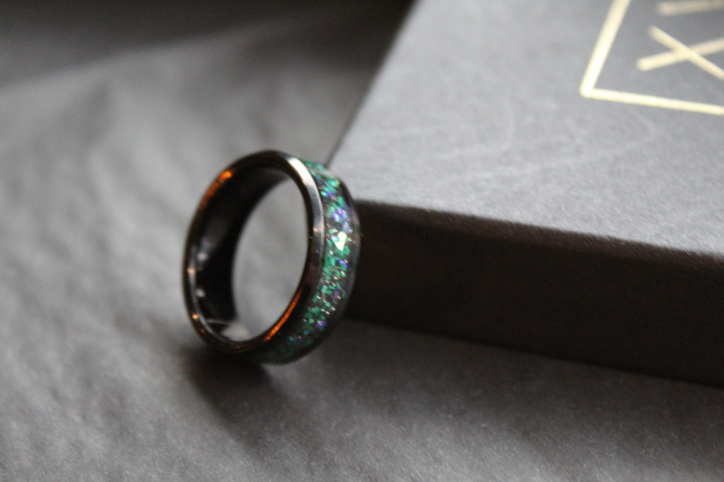 Tungsten Carbide Ring with Blue, Green & Black Stones