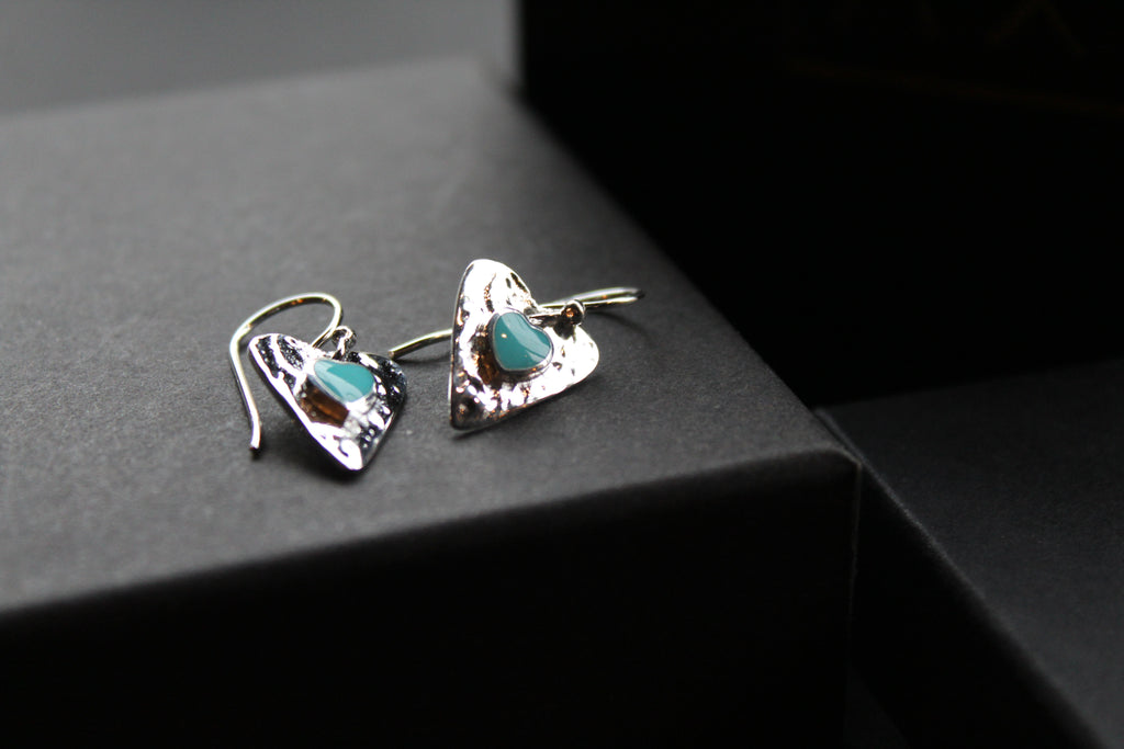 Turquoise Hammered Heart Drop Earrings