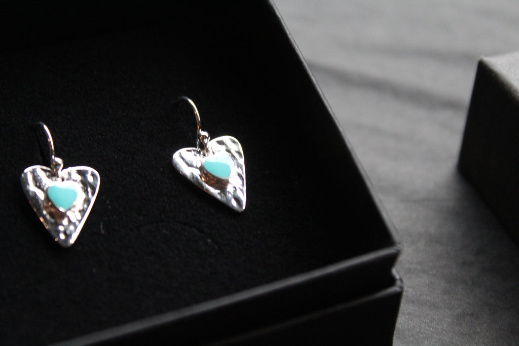Turquoise Hammered Heart Drop Earrings