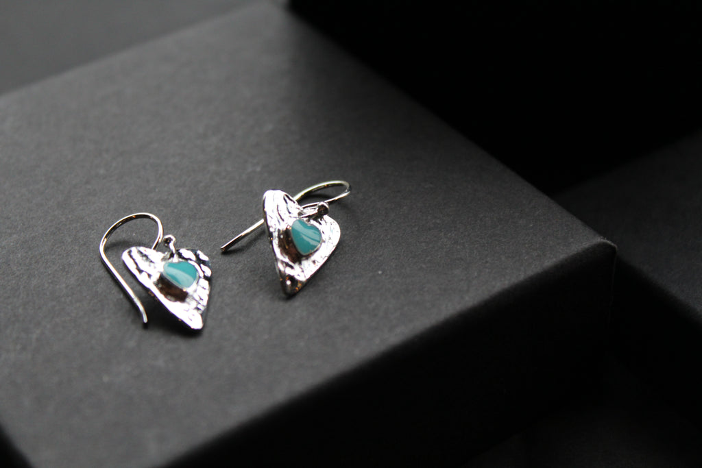Turquoise Hammered Heart Drop Earrings
