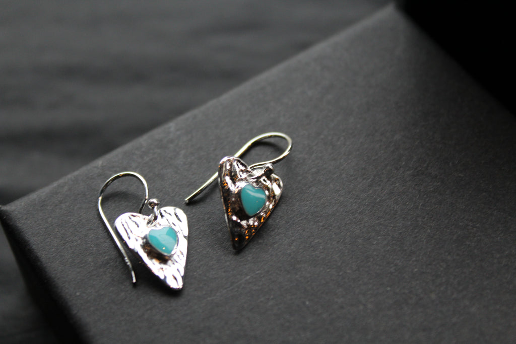 Turquoise Hammered Heart Drop Earrings