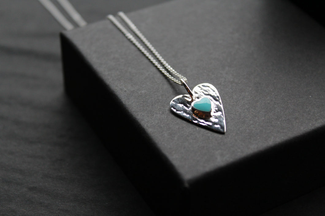Turquoise Hammered Heart Pendant & Chain