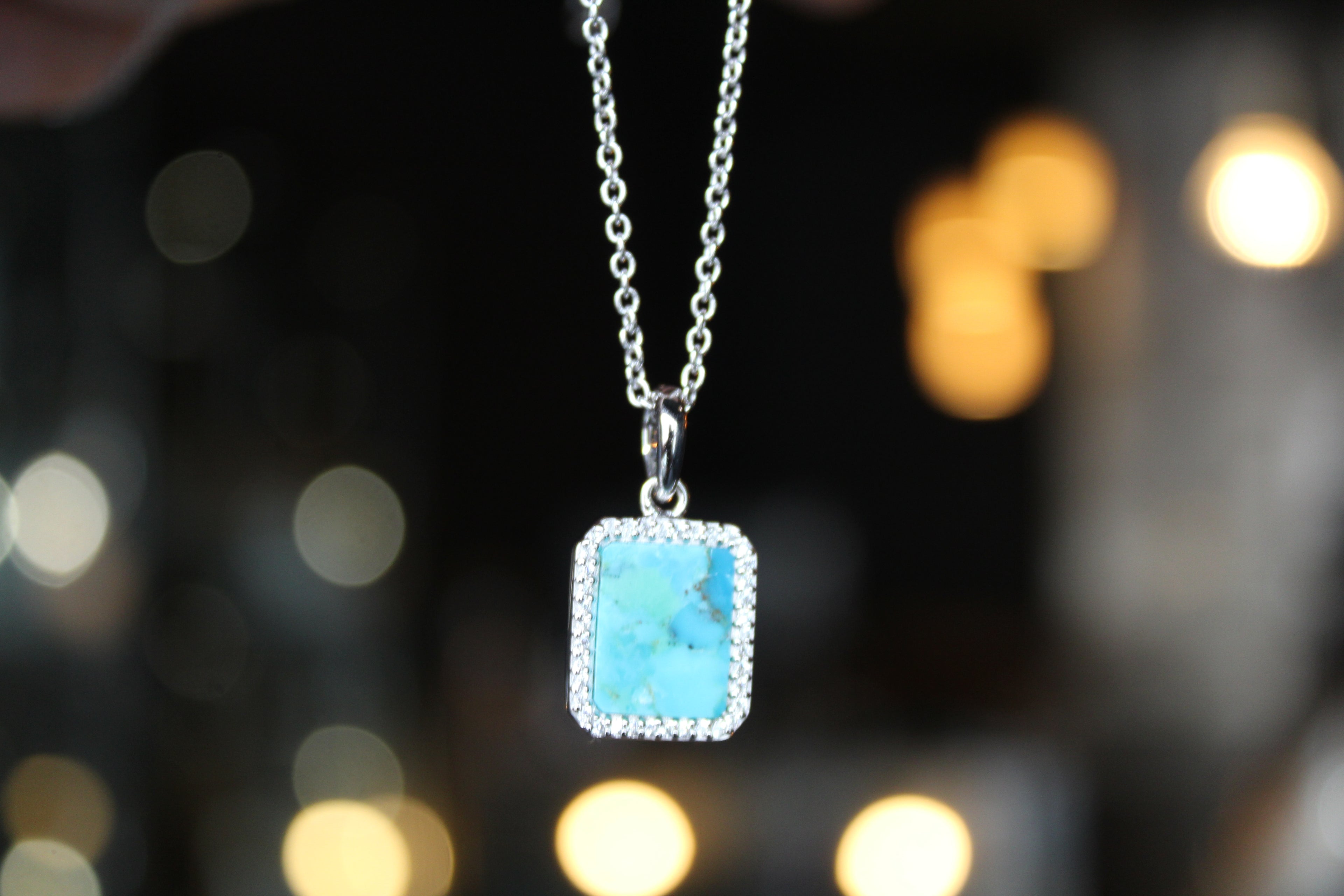 Turquoise Tile Pendant with Rhodium Plate