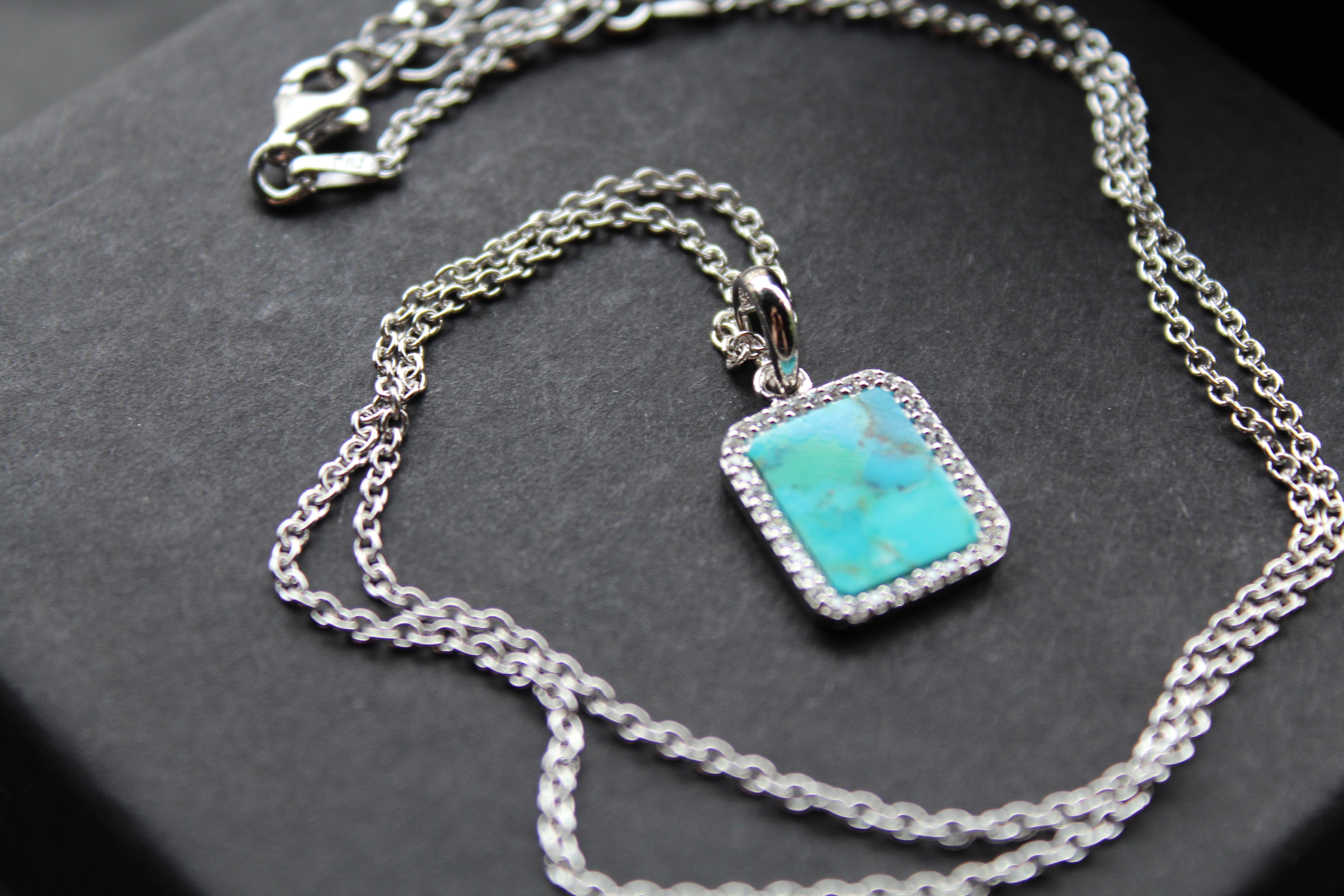 Turquoise Tile Pendant with Rhodium Plate