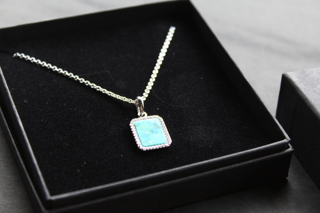 Turquoise Tile Pendant with Rhodium Plate