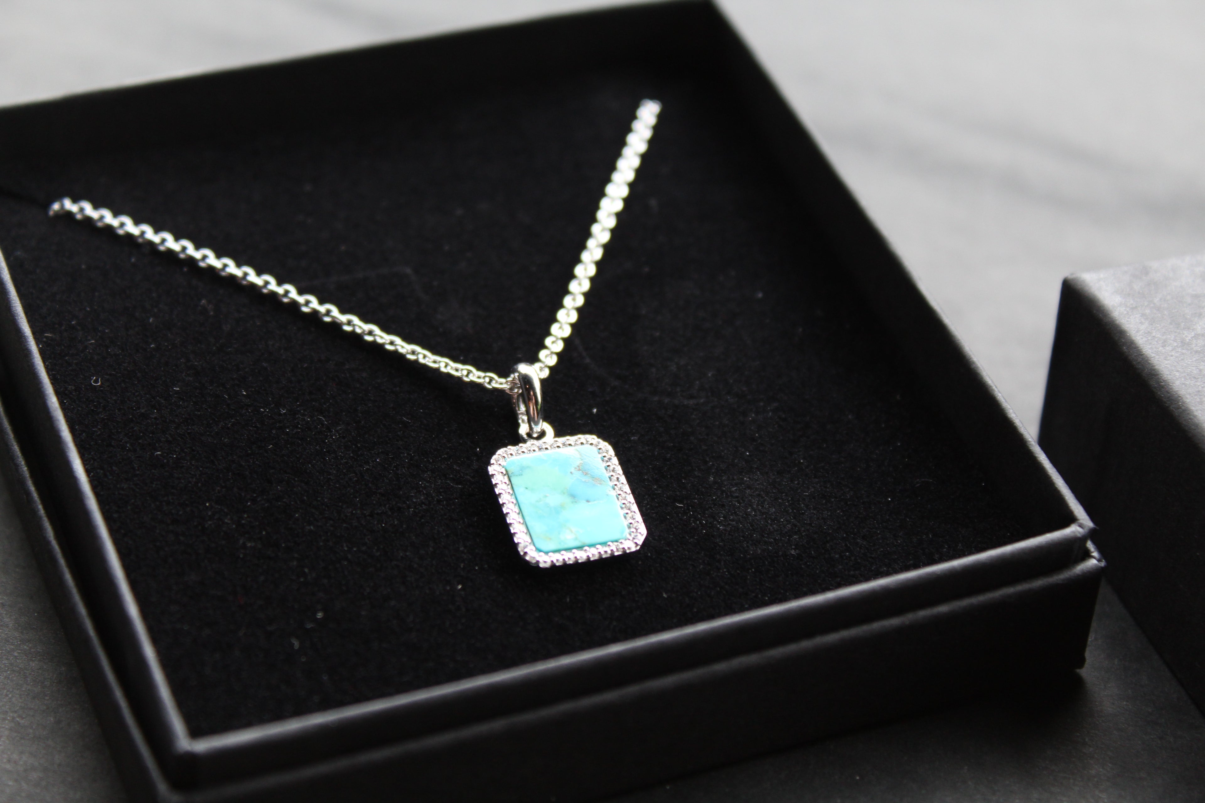 Turquoise Tile Pendant with Rhodium Plate