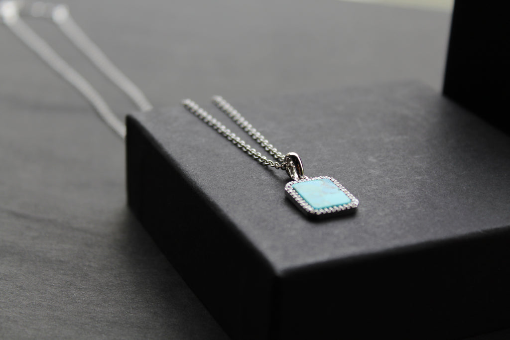 Turquoise Tile Pendant with Rhodium Plate