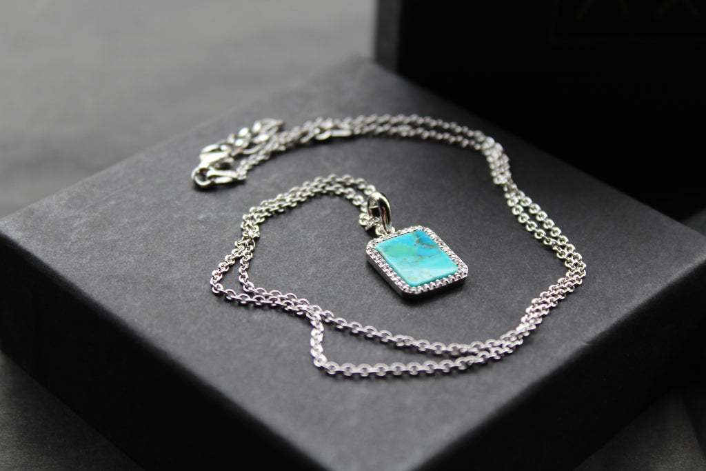 Turquoise Tile Pendant with Rhodium Plate