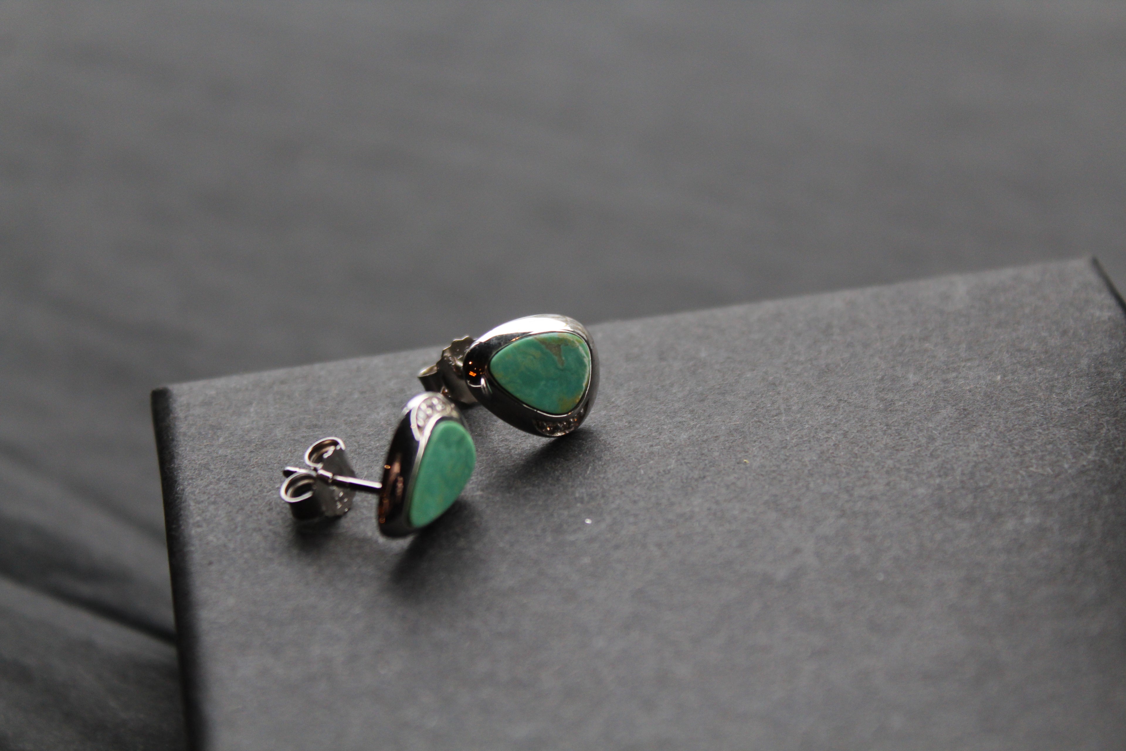 Turquoise and CZ Studs Rhodium Plated Sterling Silver