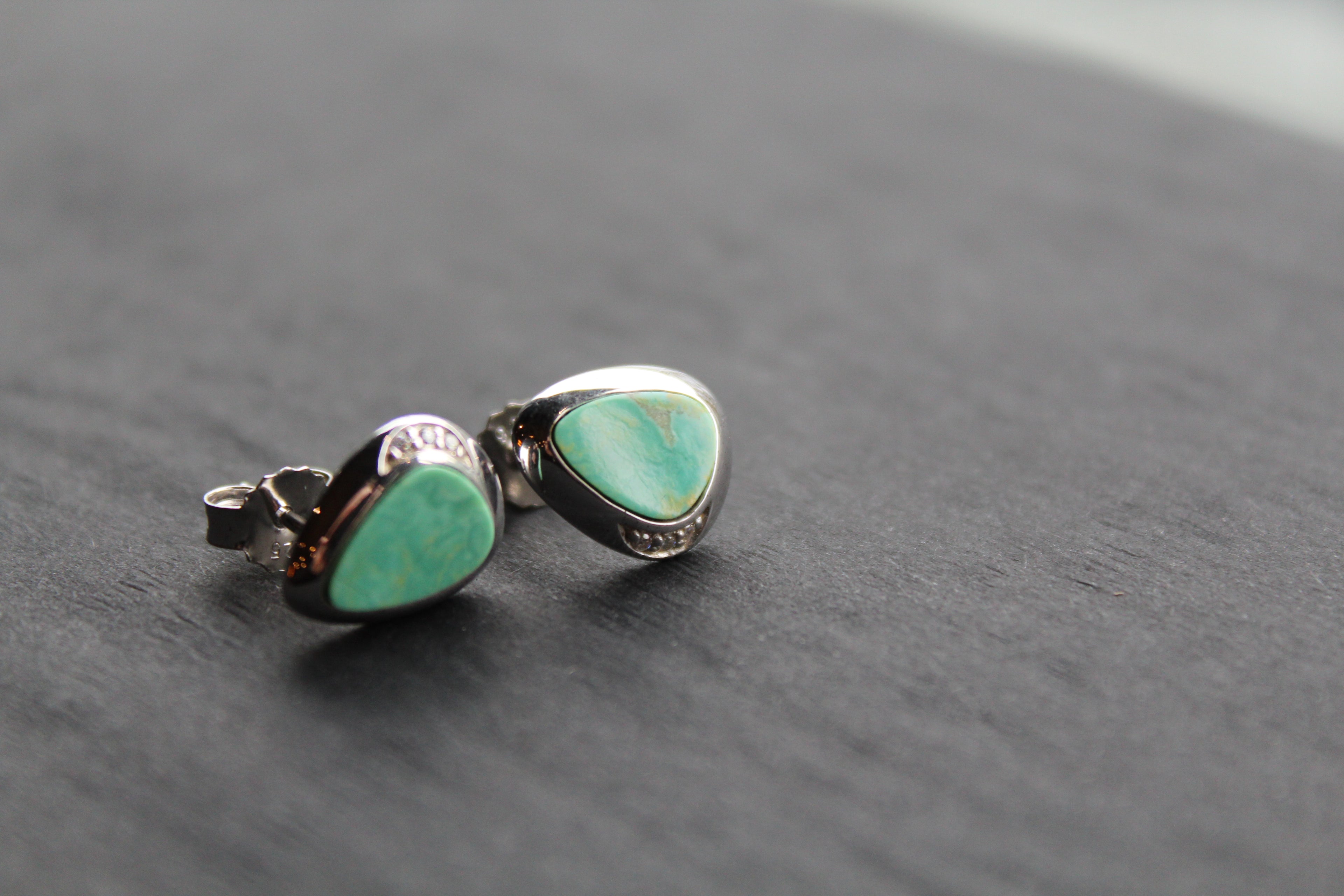 Turquoise and CZ Studs Rhodium Plated Sterling Silver