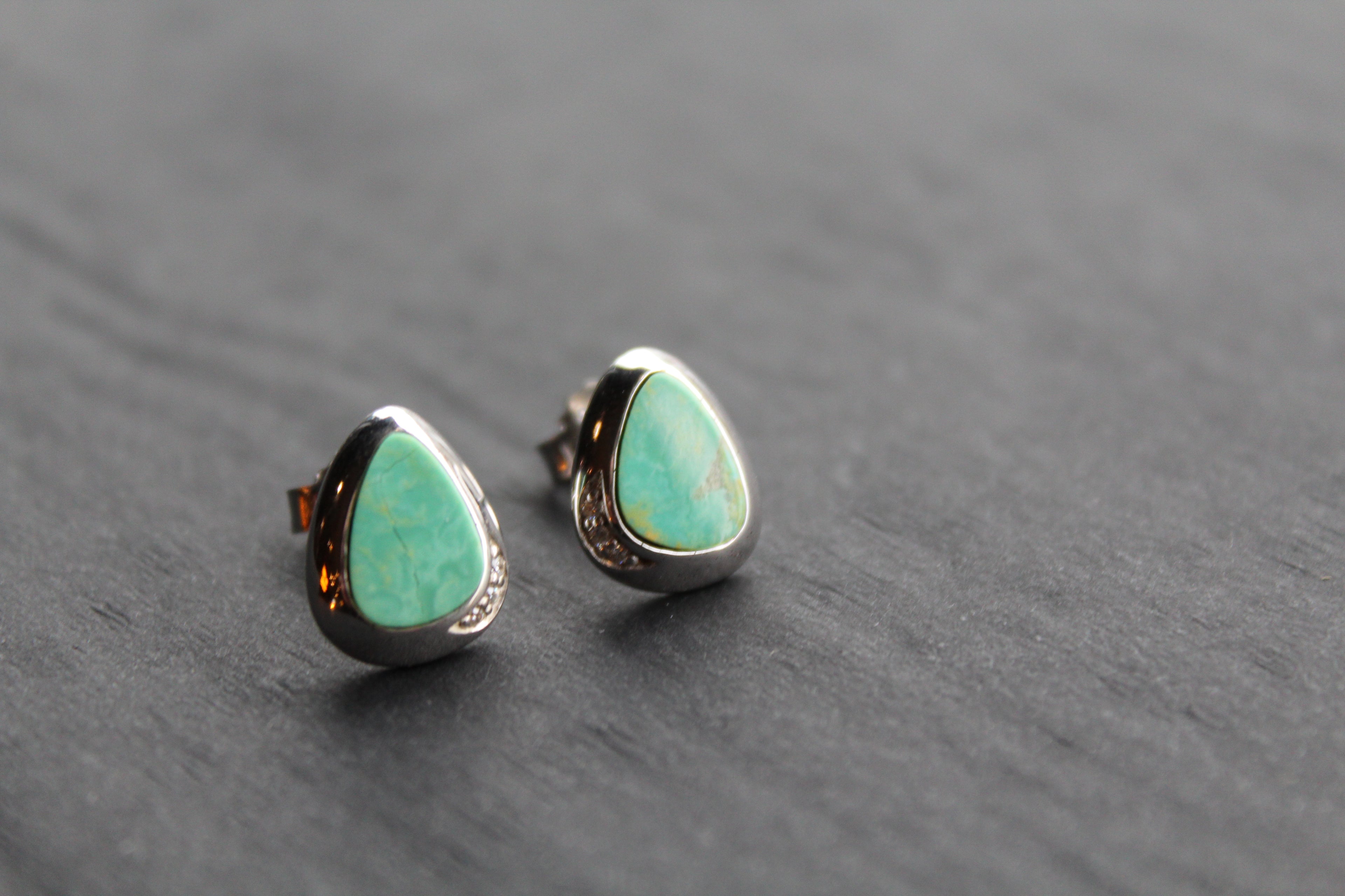 Turquoise and CZ Studs Rhodium Plated Sterling Silver