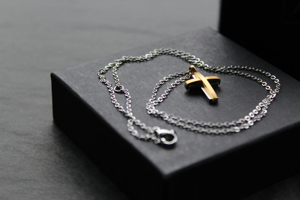 Unisex Small Steel Cross with Gold IP Plating