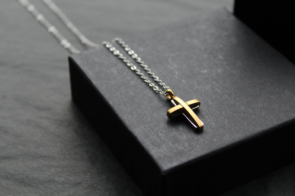 Unisex Small Steel Cross with Gold IP Plating