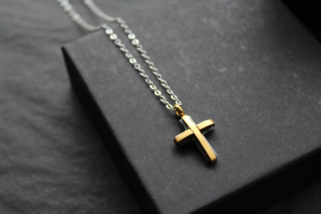 Unisex Small Steel Cross with Gold IP Plating