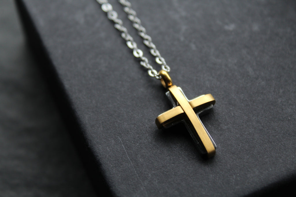 Unisex Small Steel Cross with Gold IP Plating