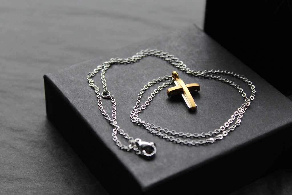 Unisex Small Steel Cross with Gold IP Plating
