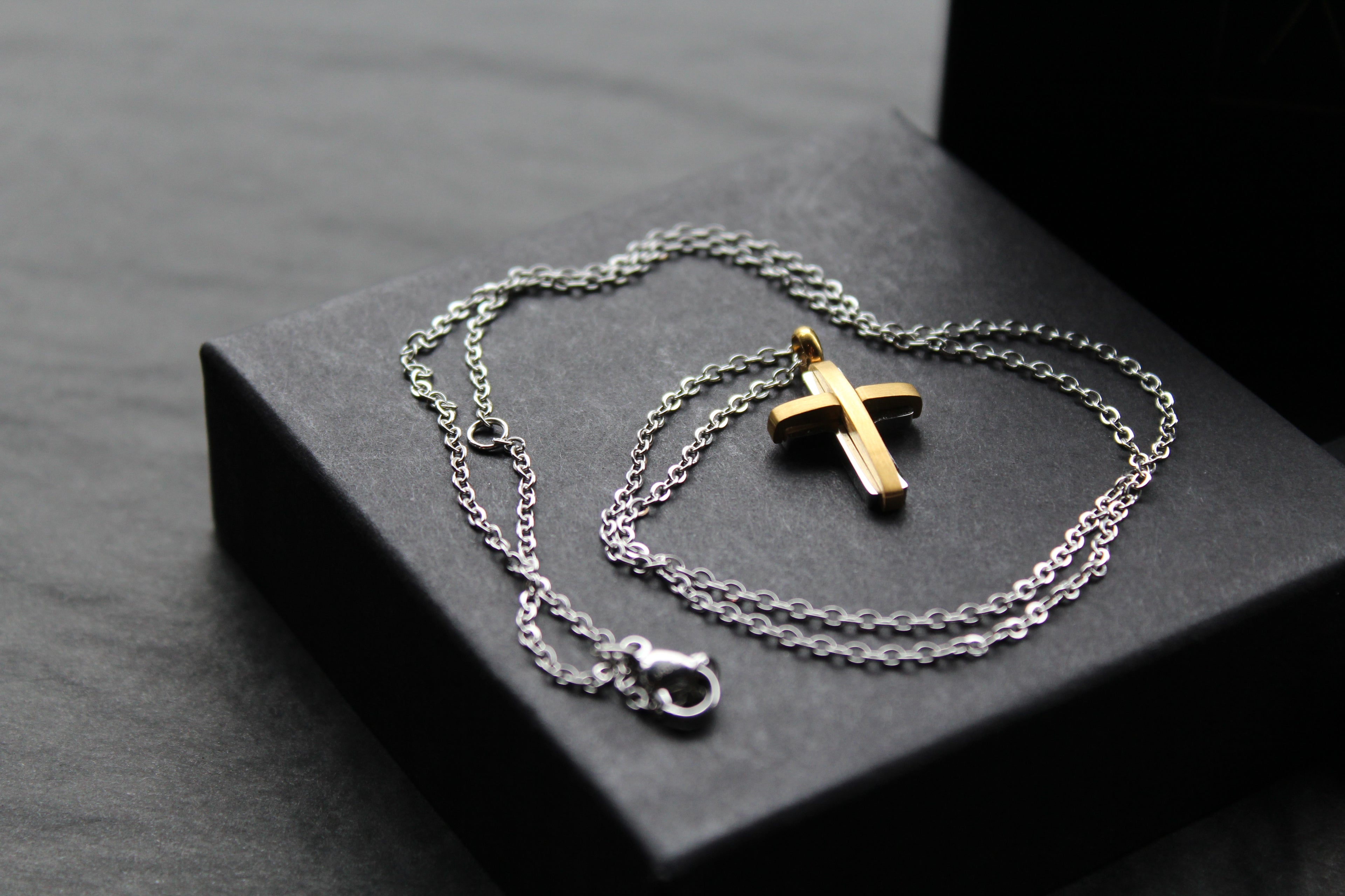 Unisex Small Steel Cross with Gold IP Plating