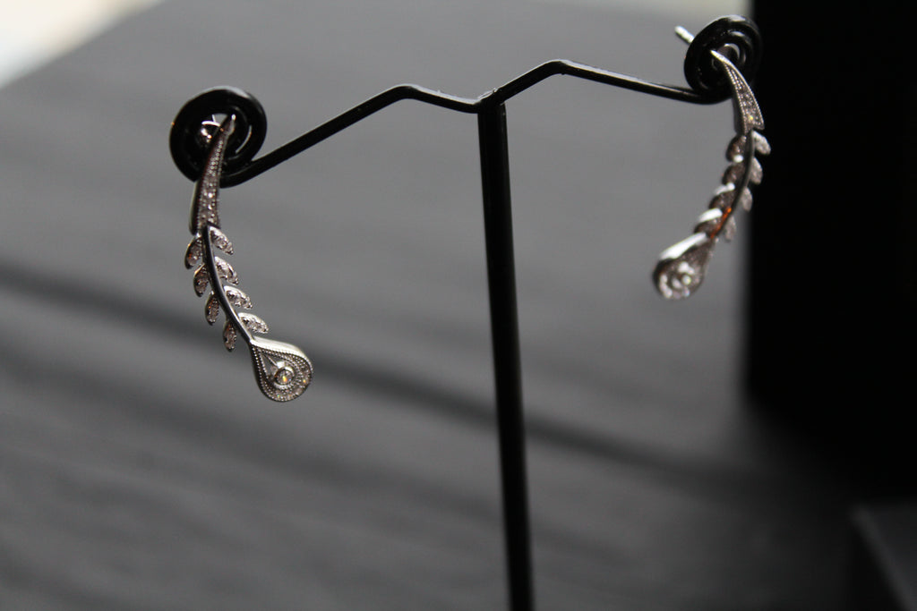 Victorian Style Peacock Feather Clear Cubic Zirconia Earrings
