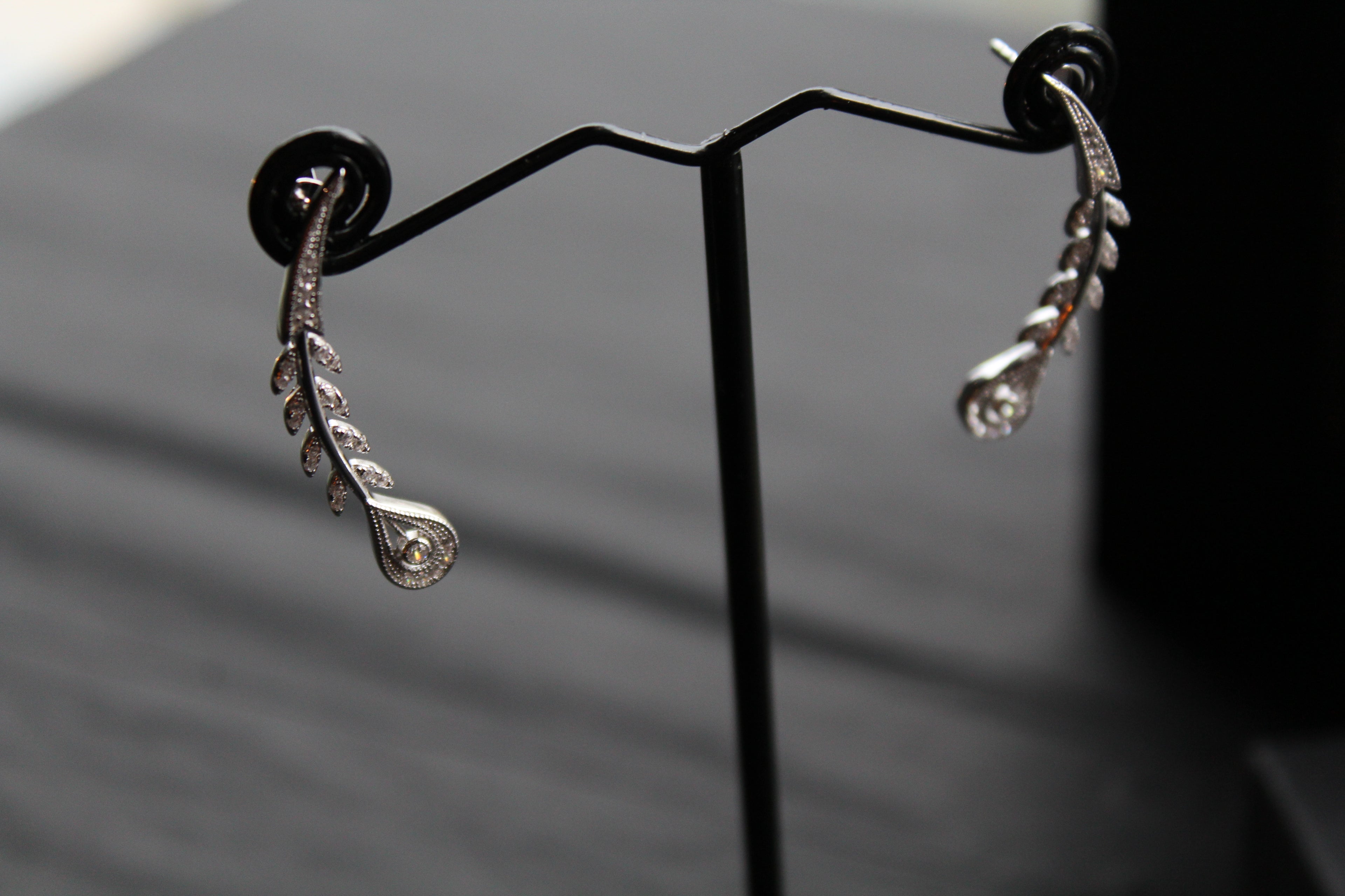 Victorian Style Peacock Feather Clear Cubic Zirconia Earrings