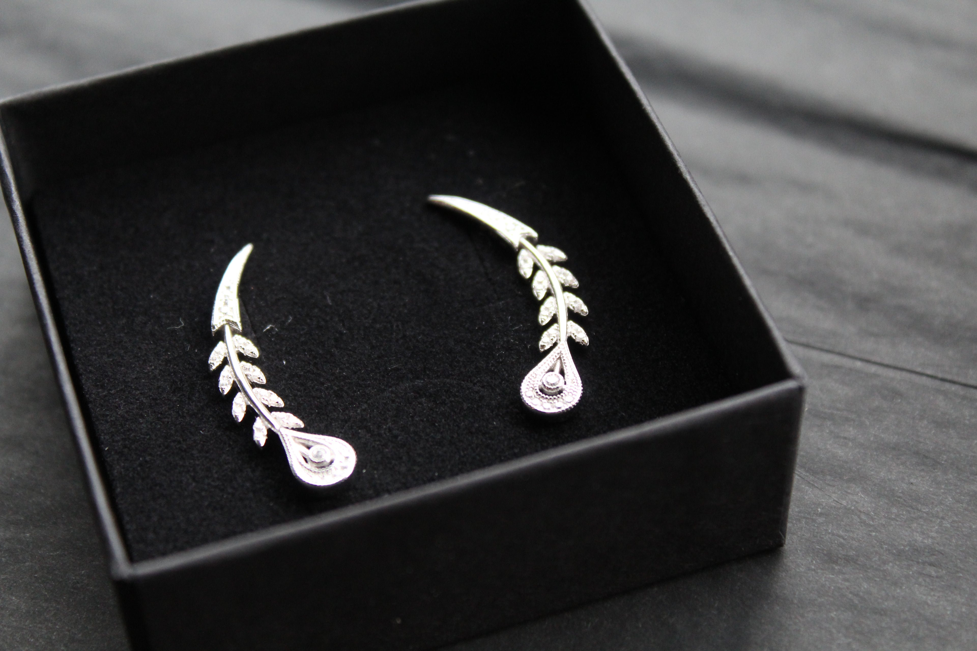 Victorian Style Peacock Feather Clear Cubic Zirconia Earrings