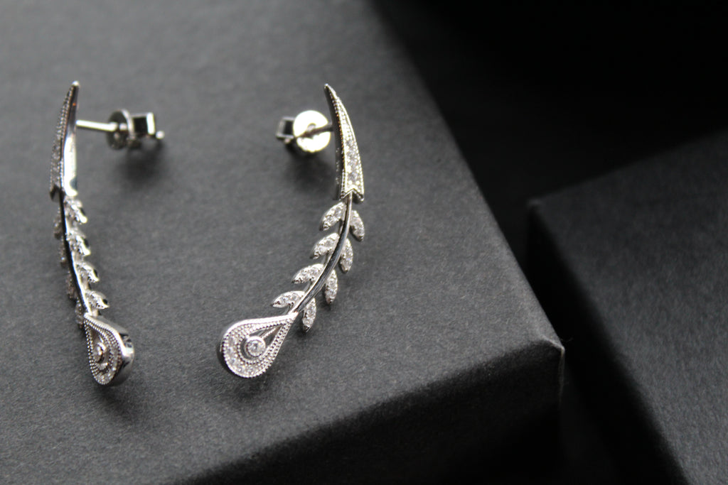 Victorian Style Peacock Feather Clear Cubic Zirconia Earrings