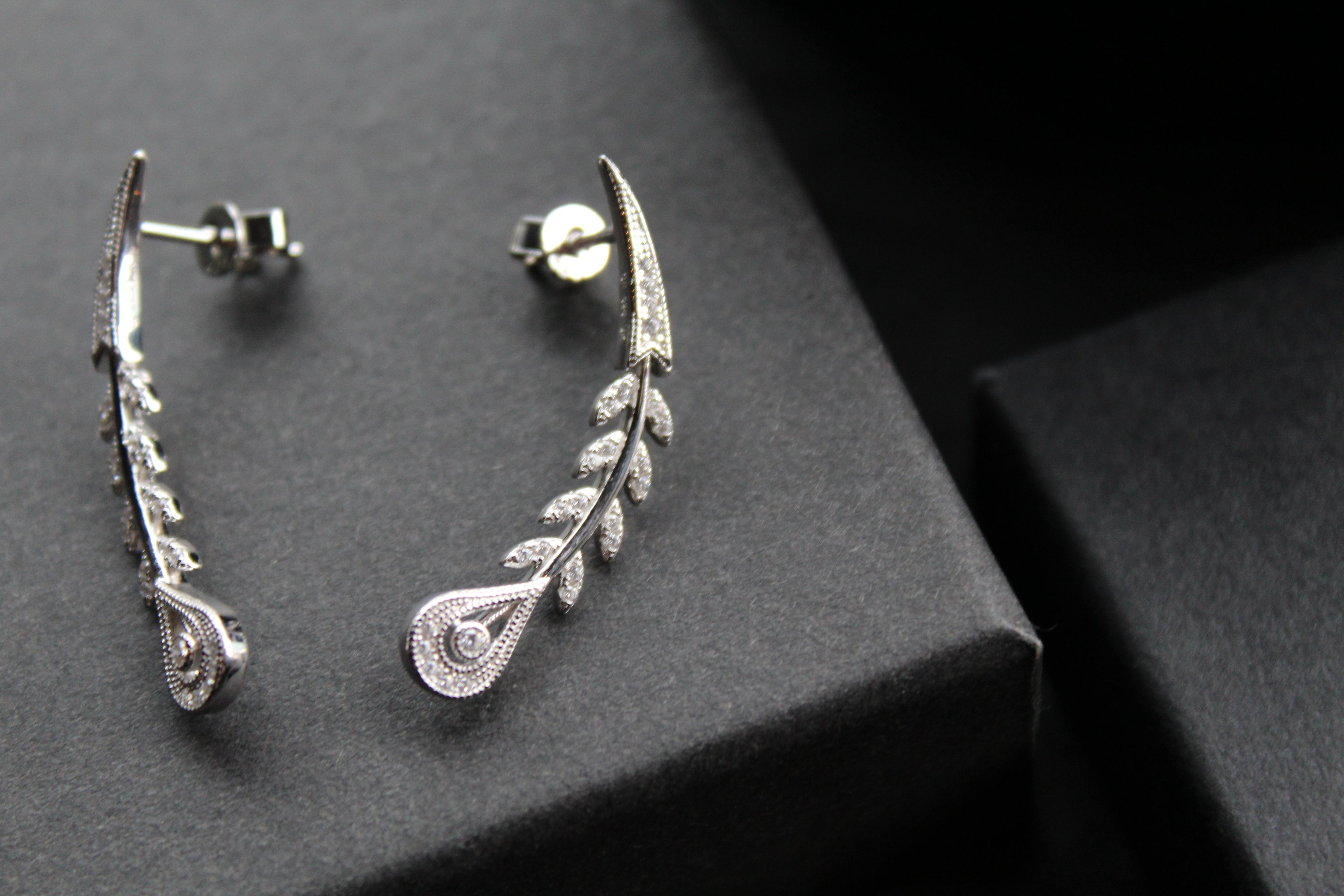 Victorian Style Peacock Feather Clear Cubic Zirconia Earrings