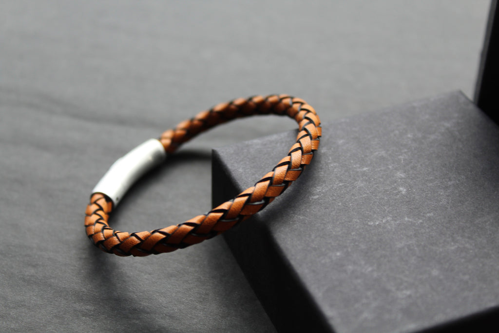 Waxy Tan & Black Leather Bracelet with Steel Clasp
