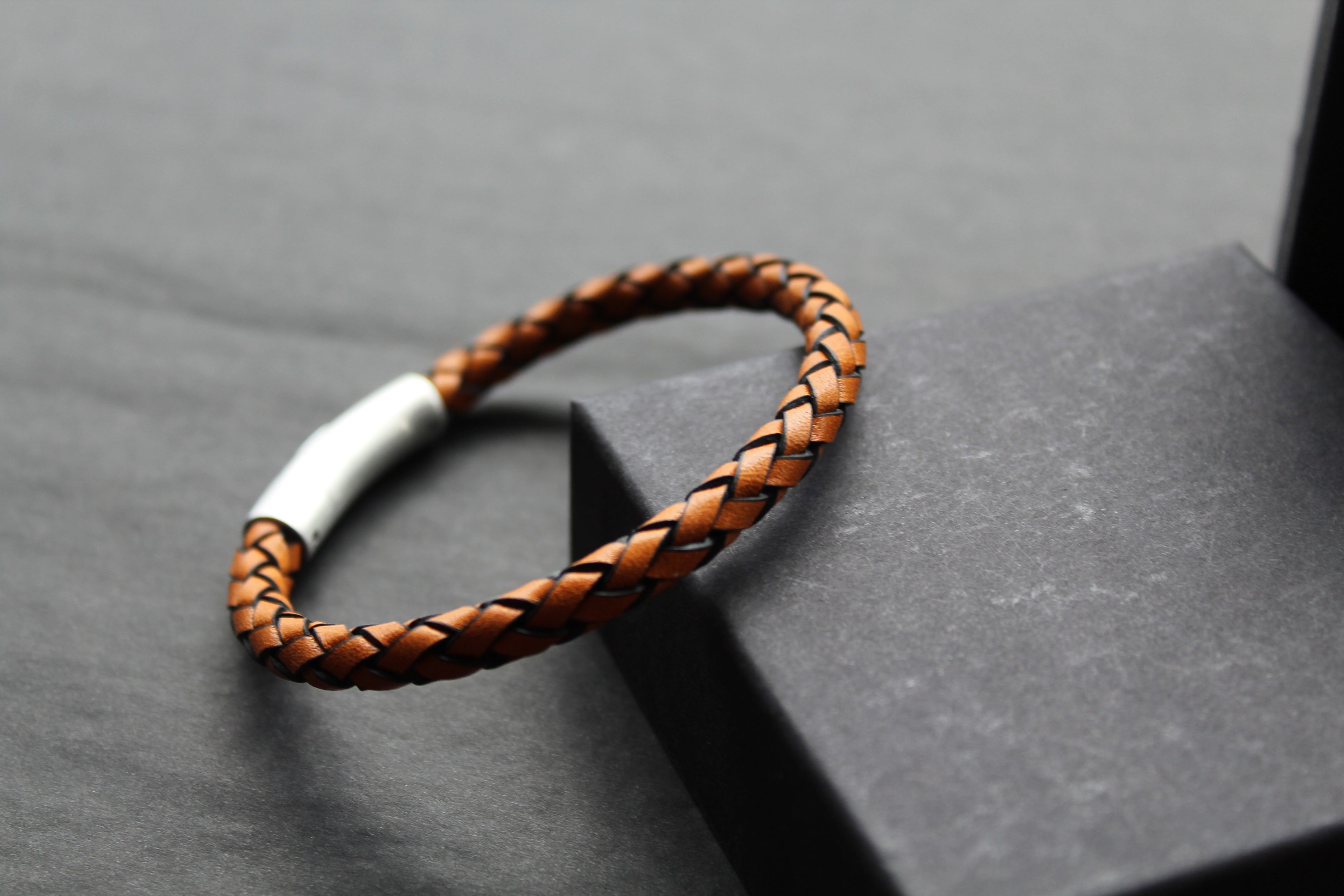 Waxy Tan & Black Leather Bracelet with Steel Clasp