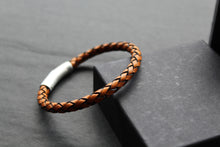 Load image into Gallery viewer, Waxy Tan &amp; Black Leather Bracelet with Steel Clasp

