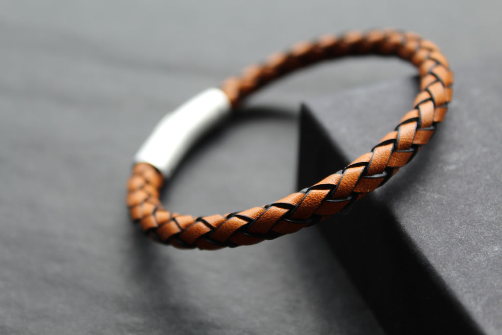 Waxy Tan & Black Leather Bracelet with Steel Clasp