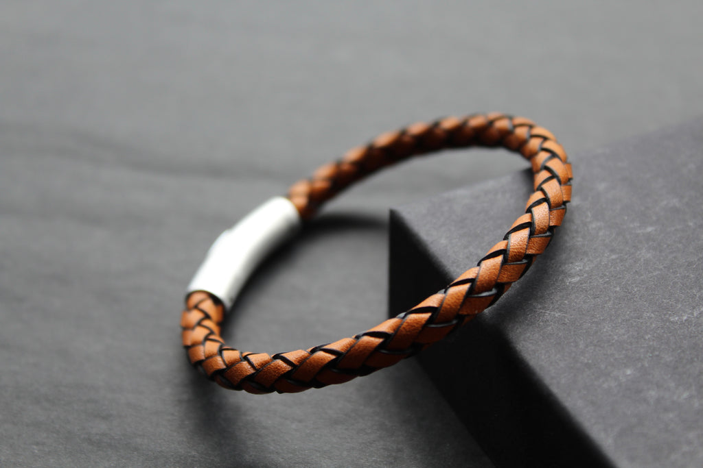 Waxy Tan & Black Leather Bracelet with Steel Clasp