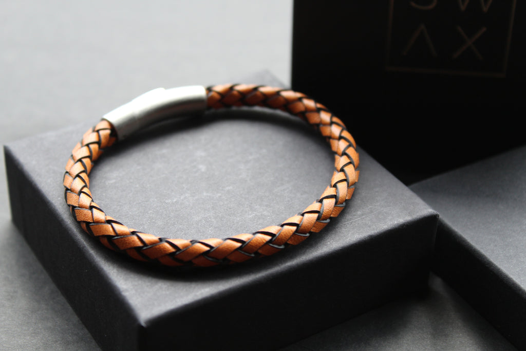 Waxy Tan & Black Leather Bracelet with Steel Clasp