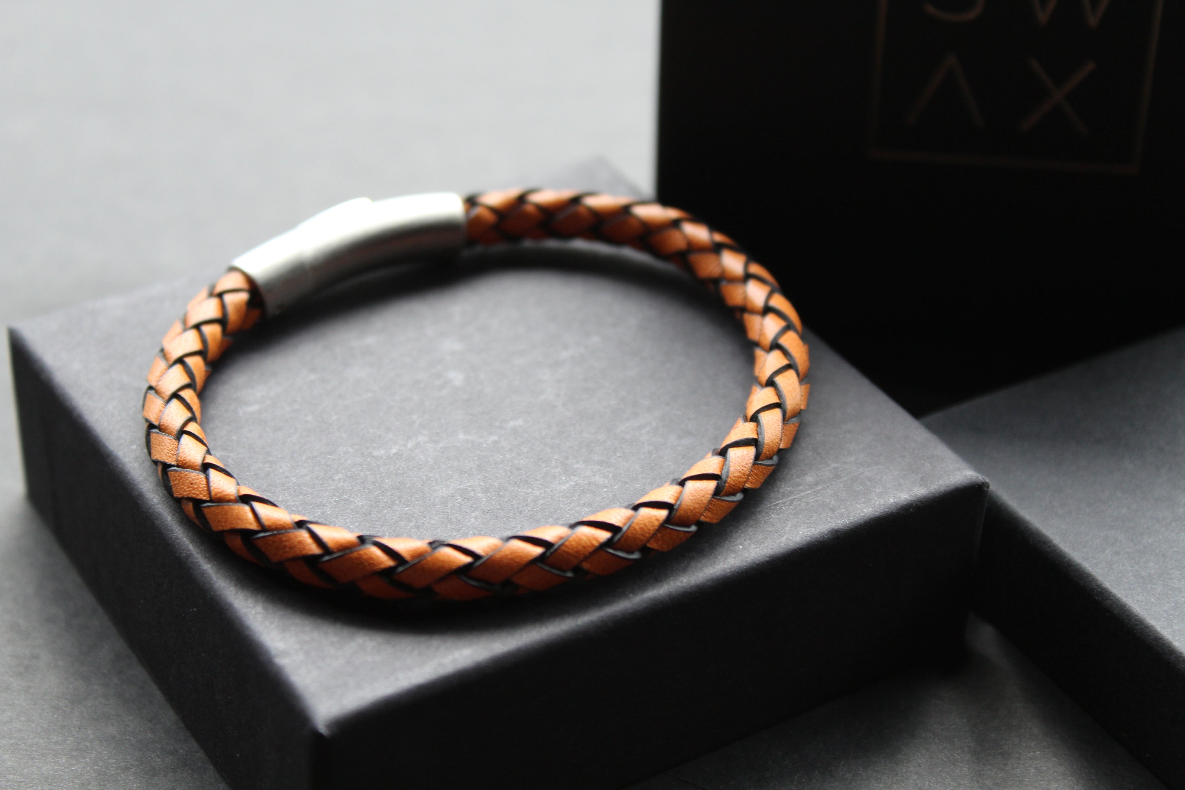 Waxy Tan & Black Leather Bracelet with Steel Clasp