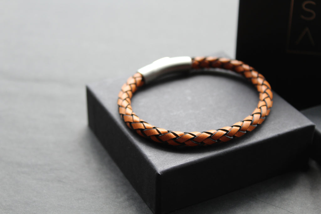 Waxy Tan & Black Leather Bracelet with Steel Clasp
