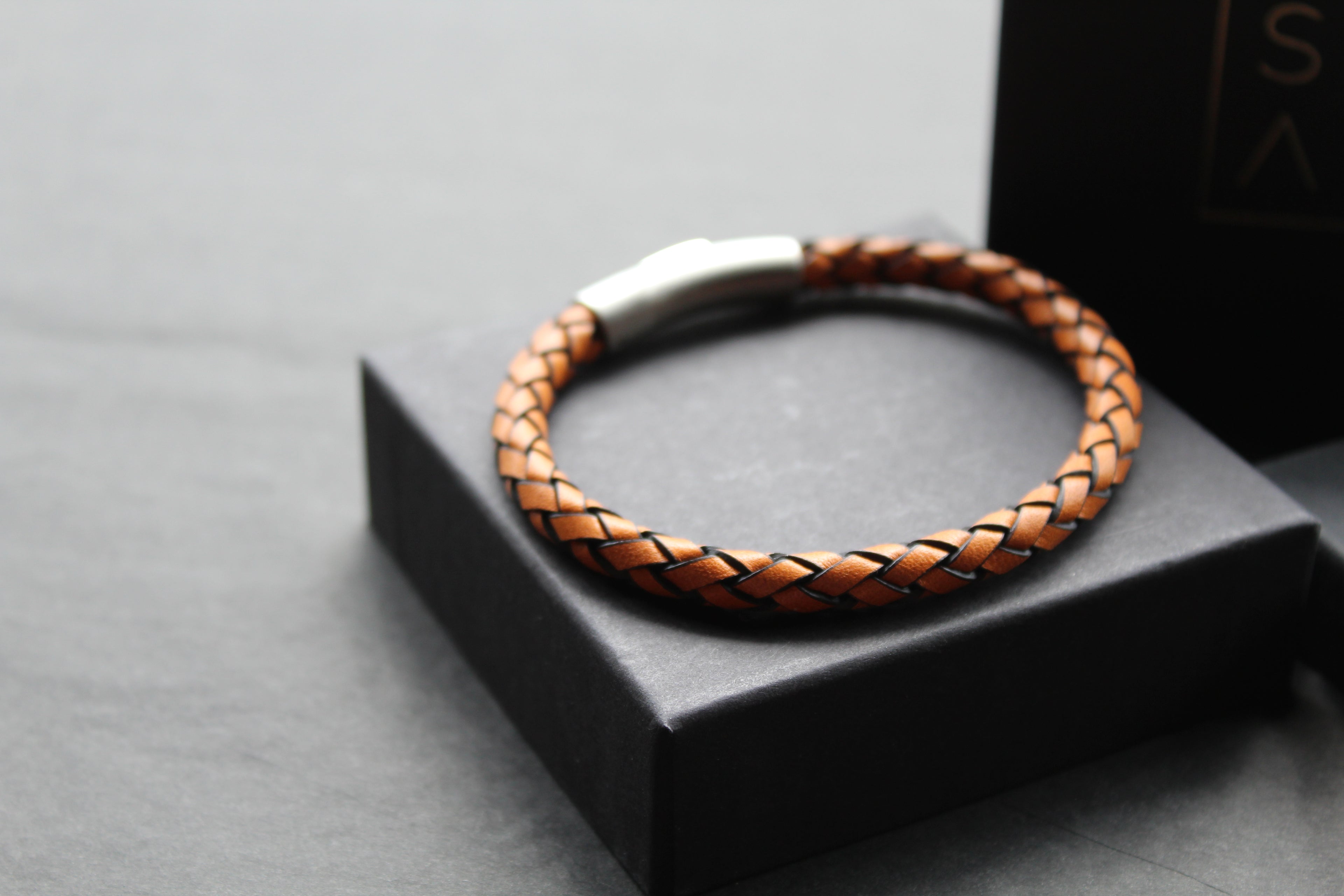 Waxy Tan & Black Leather Bracelet with Steel Clasp