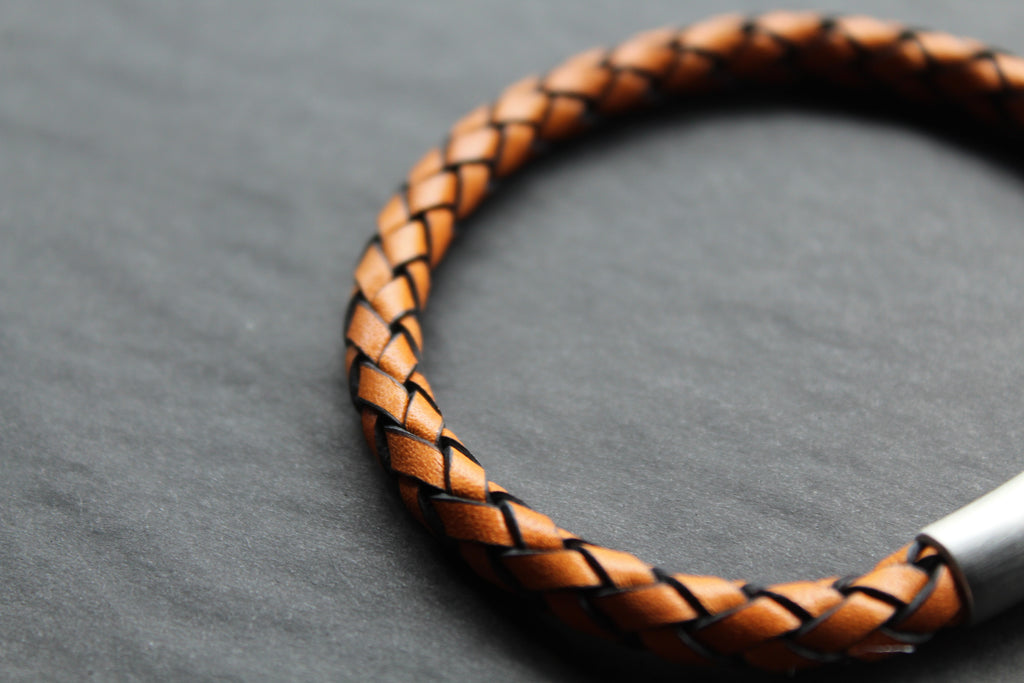 Waxy Tan & Black Leather Bracelet with Steel Clasp