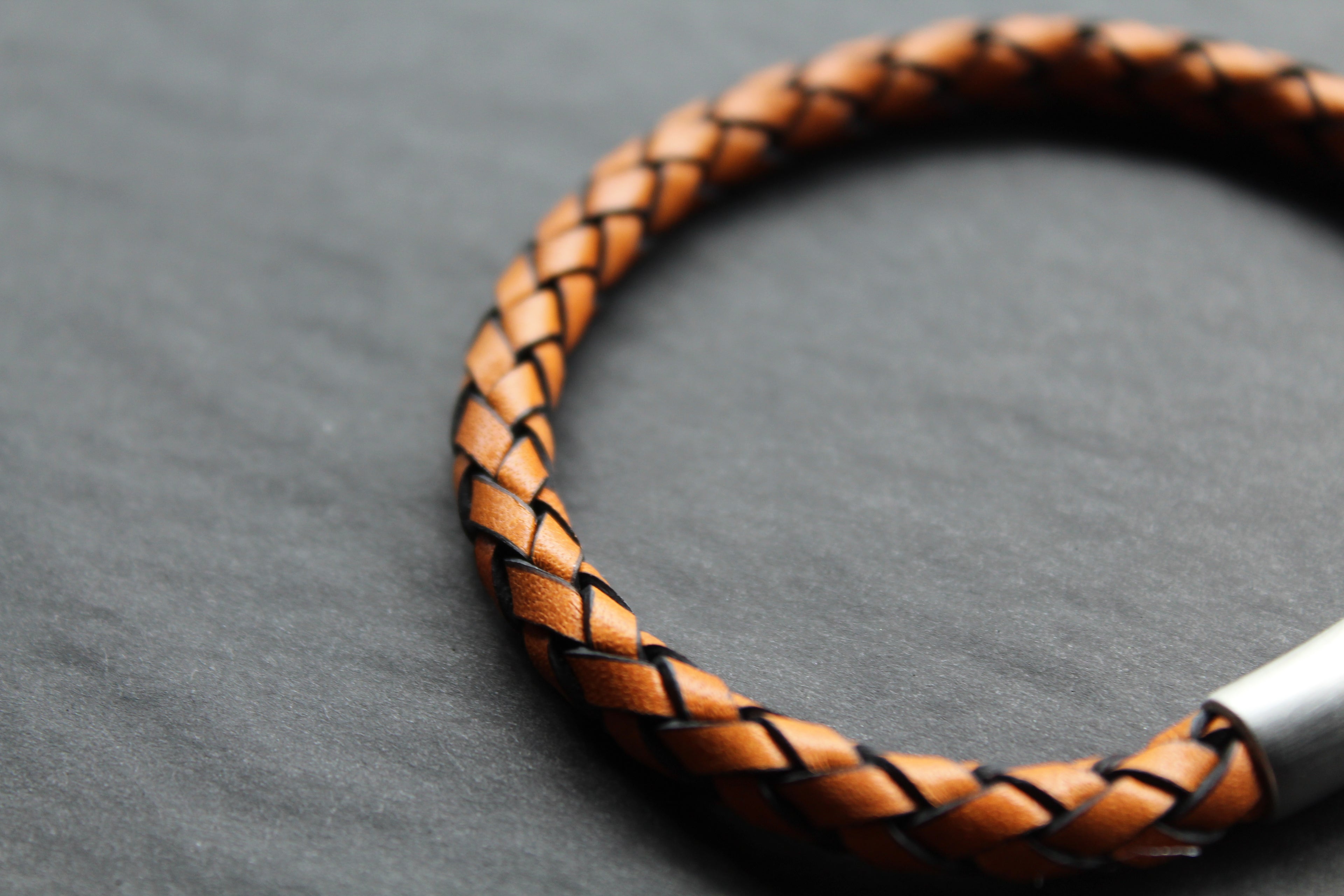 Waxy Tan & Black Leather Bracelet with Steel Clasp