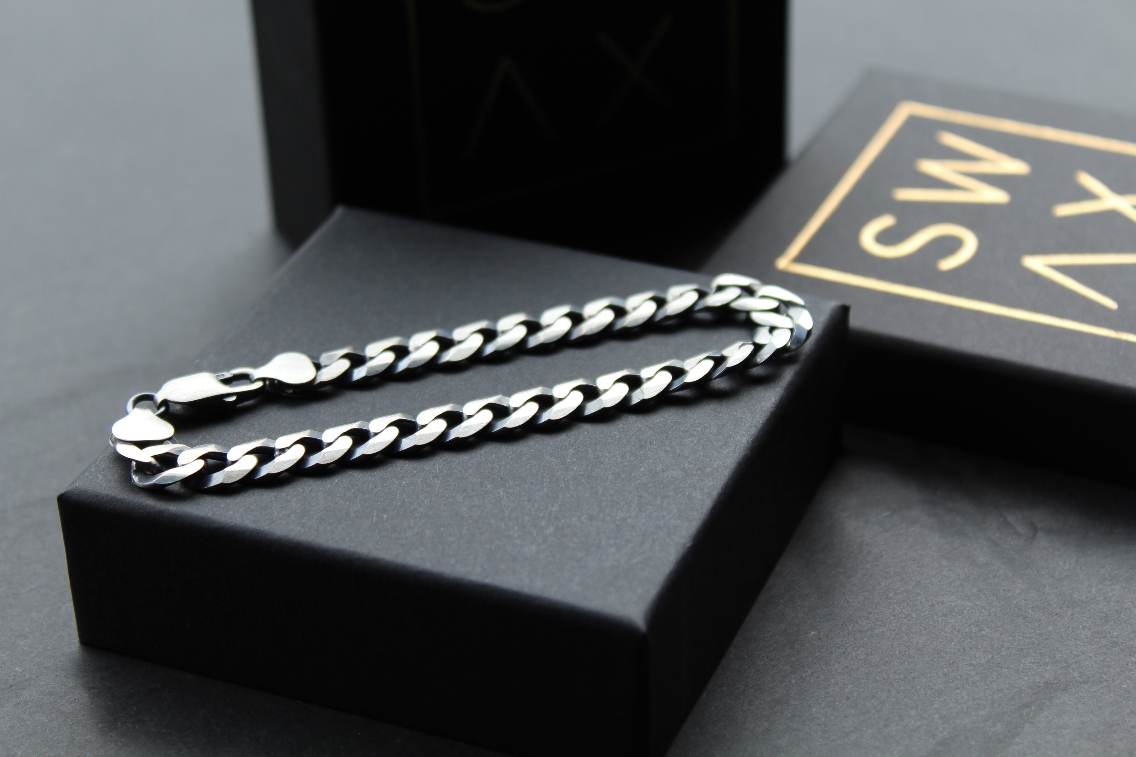 Unisex Flat Oxidised Curb Chain Bracelet