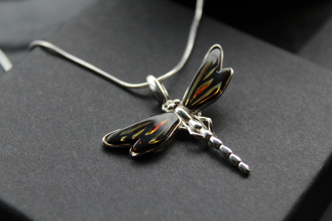 Amber & Silver Dragonfly Necklace