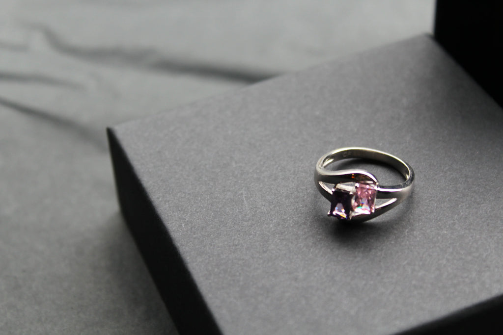 Amethyst & Pink Baguette Cut CZ Ring - Swax Jewellery Barmouth