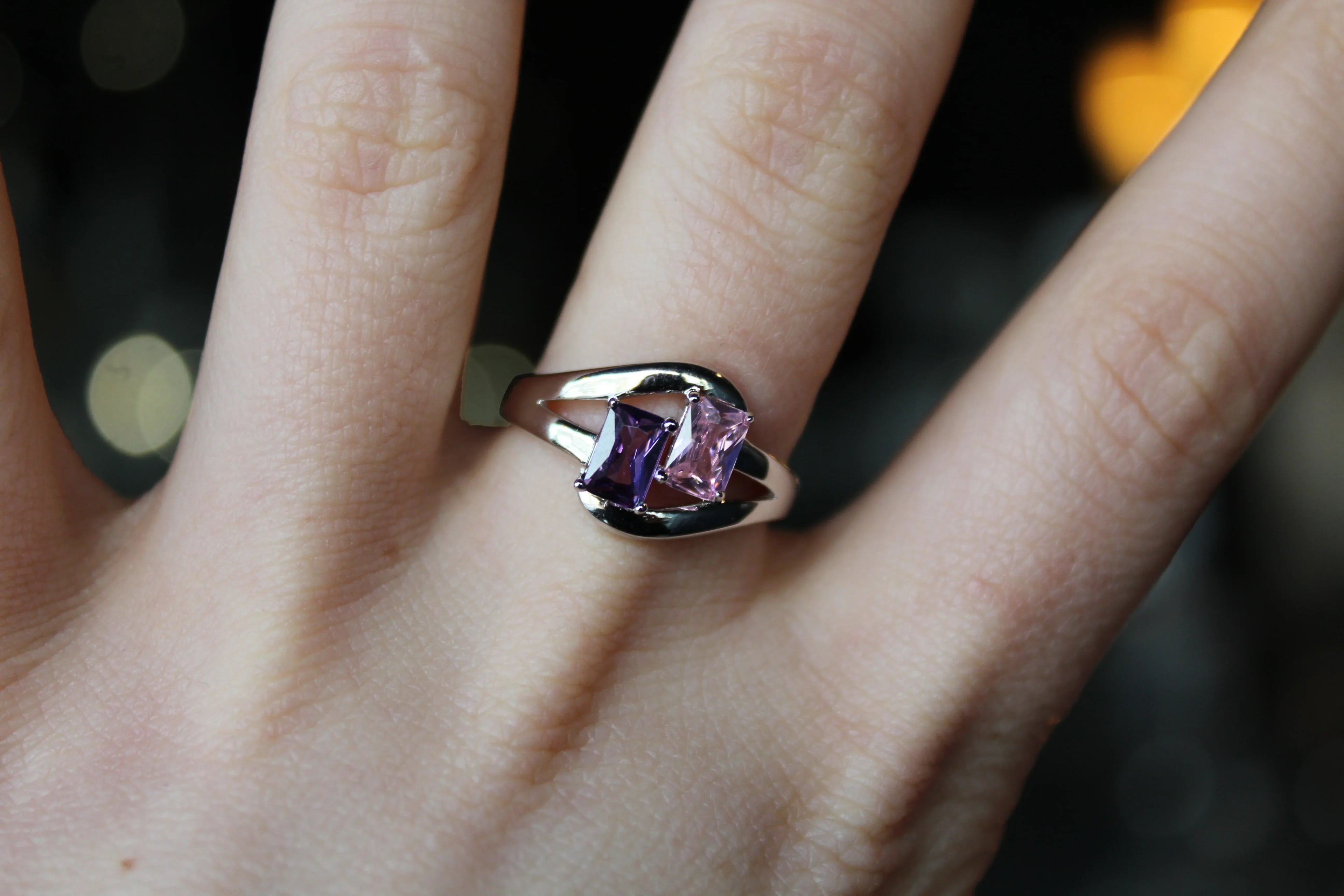 Amethyst & Pink Baguette Cut CZ Ring - Swax Jewellery Barmouth