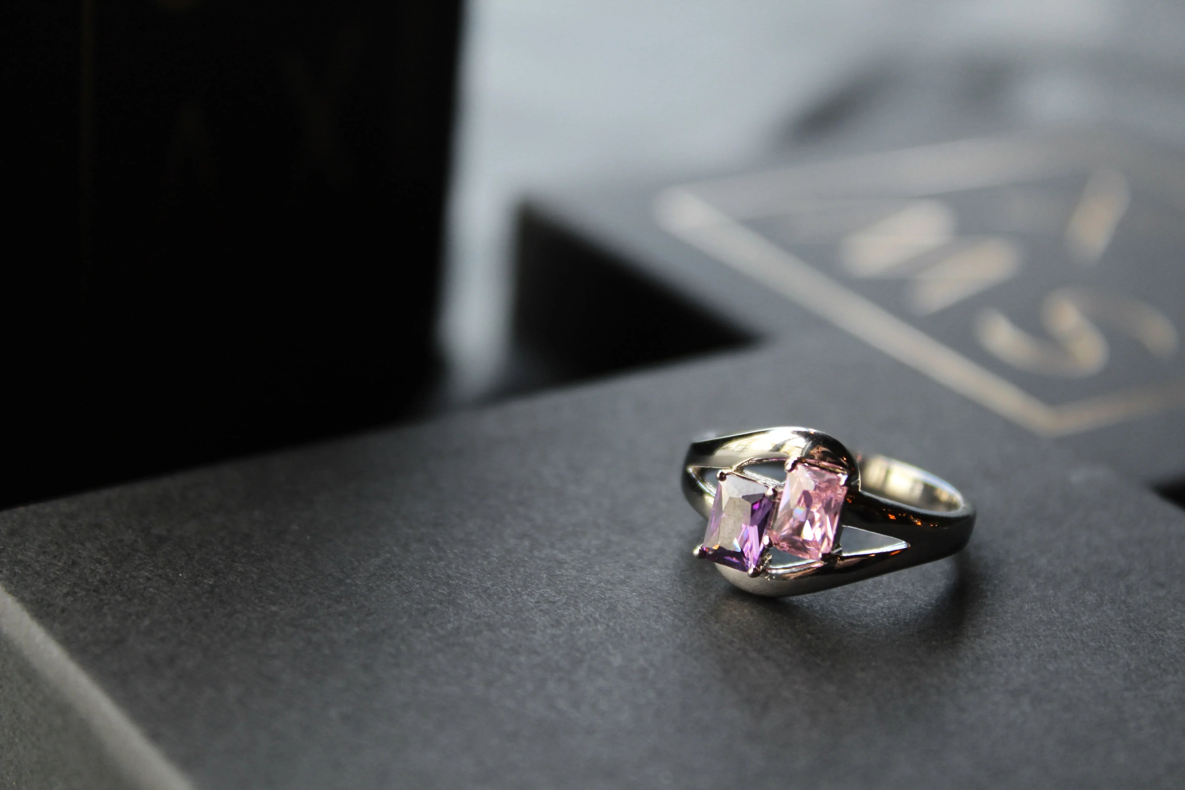 Amethyst & Pink Baguette Cut CZ Ring - Swax Jewellery Barmouth