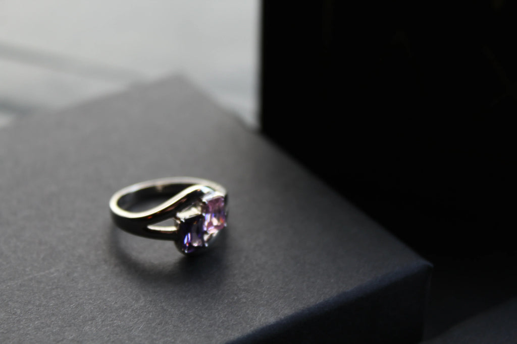 Amethyst & Pink Baguette Cut CZ Ring - Swax Jewellery Barmouth