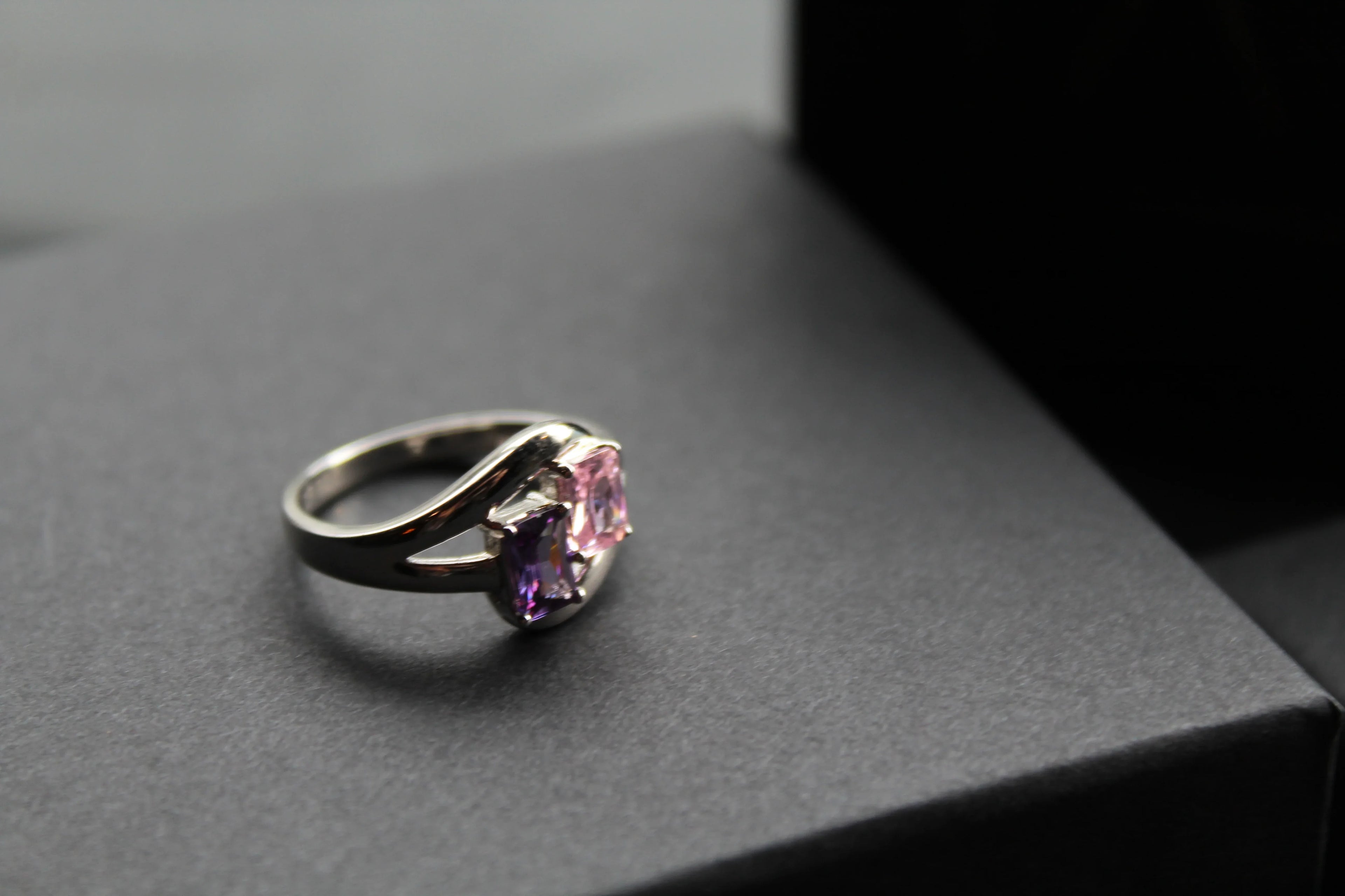 Amethyst & Pink Baguette Cut CZ Ring - Swax Jewellery Barmouth