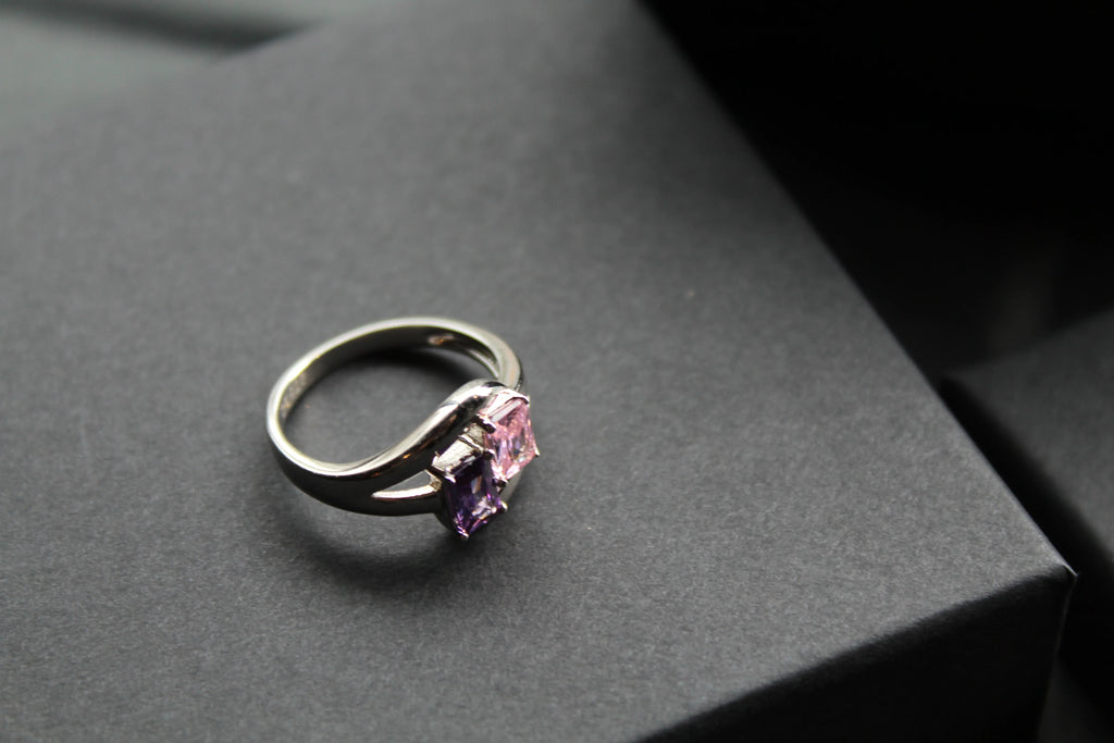 Amethyst & Pink Baguette Cut CZ Ring - Swax Jewellery Barmouth