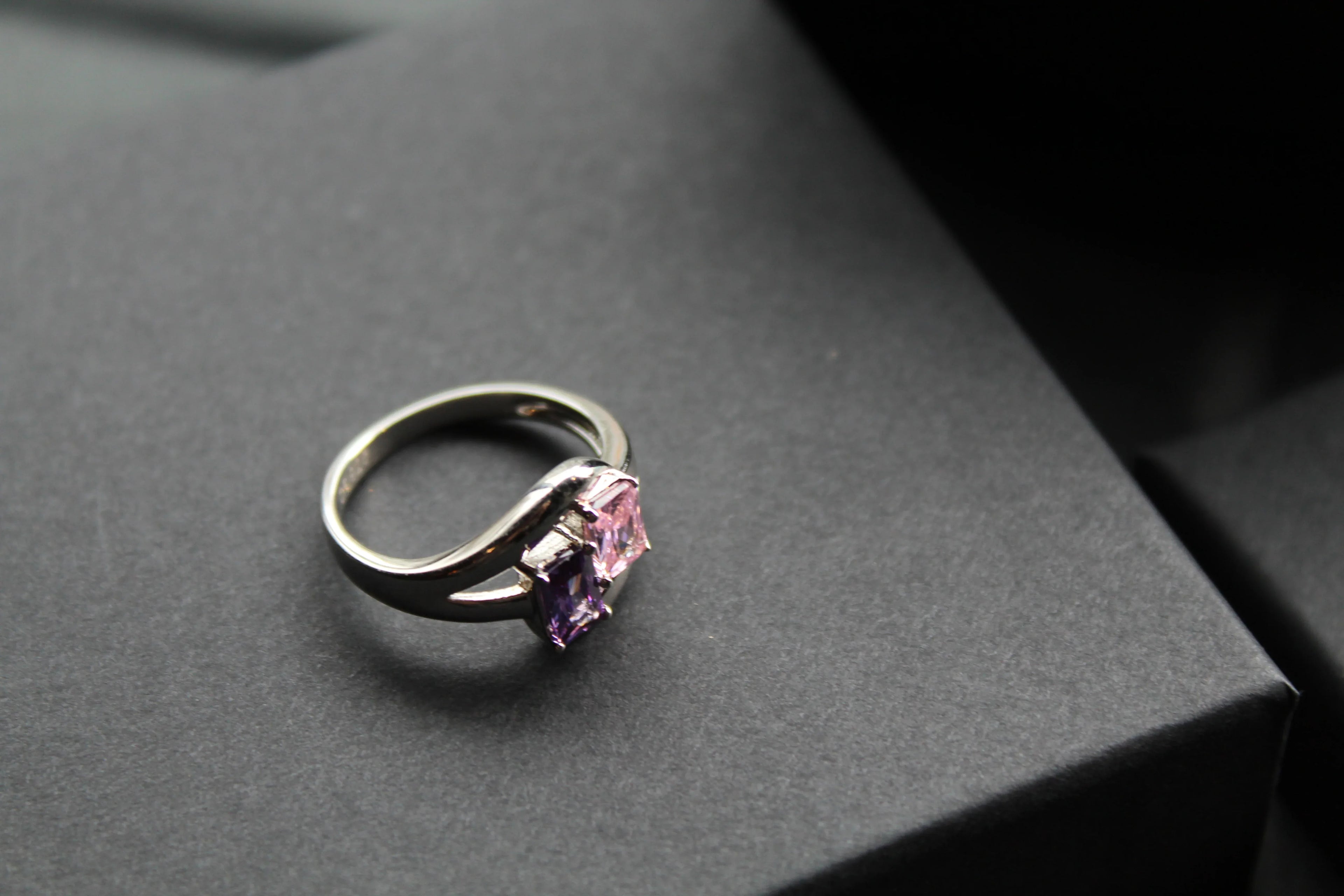 Amethyst & Pink Baguette Cut CZ Ring - Swax Jewellery Barmouth