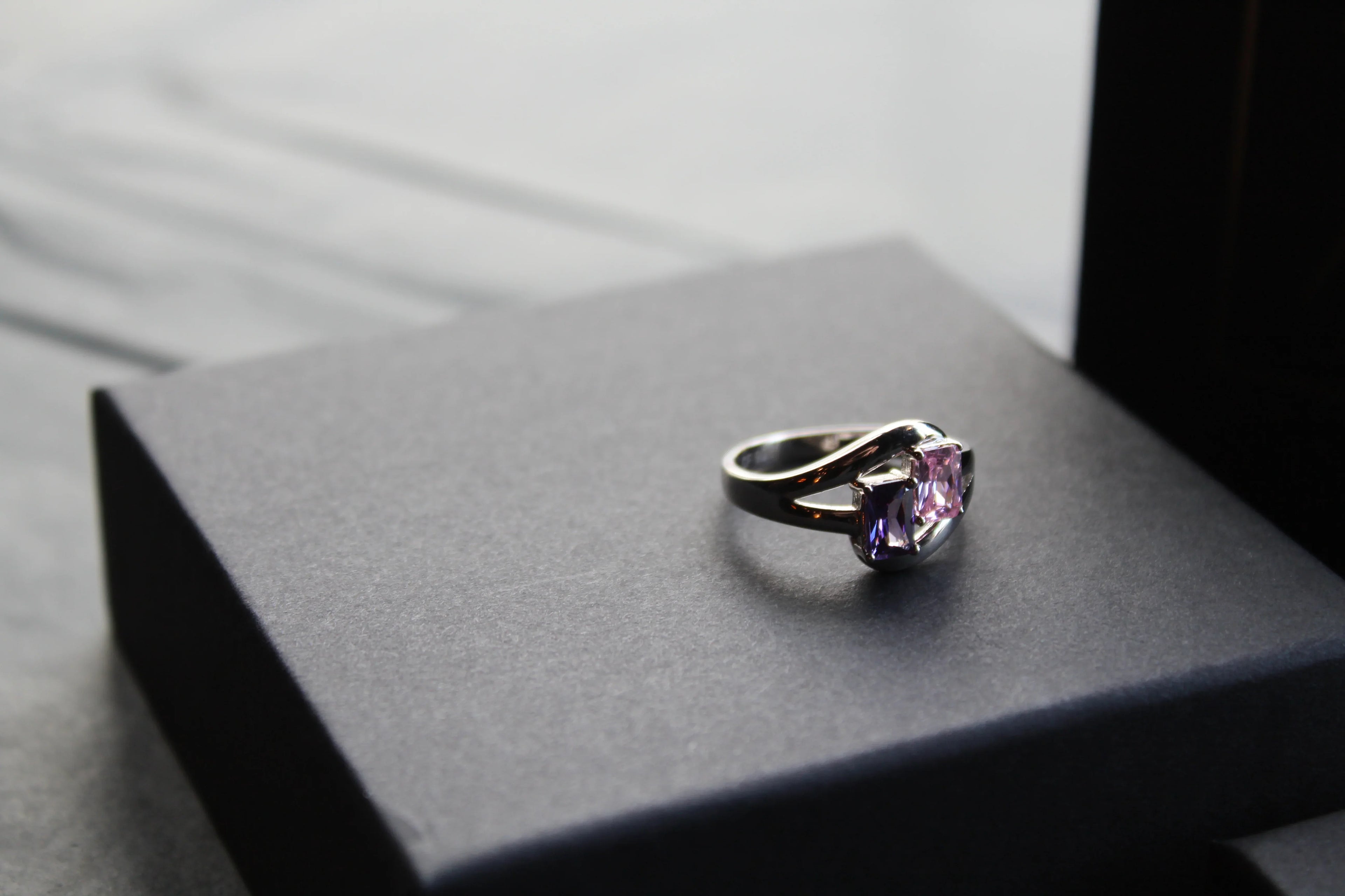Amethyst & Pink Baguette Cut CZ Ring - Swax Jewellery Barmouth