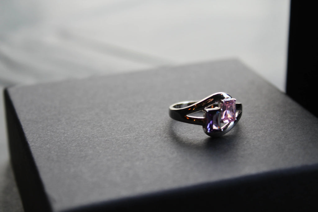 Amethyst & Pink Baguette Cut CZ Ring - Swax Jewellery Barmouth