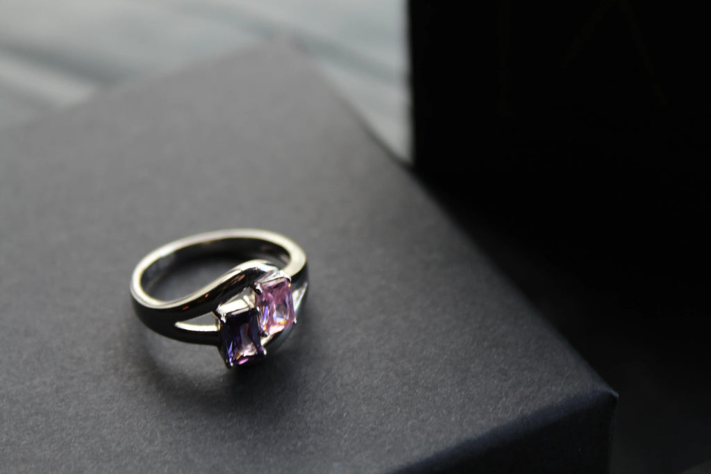 Amethyst & Pink Baguette Cut CZ Ring - Swax Jewellery Barmouth