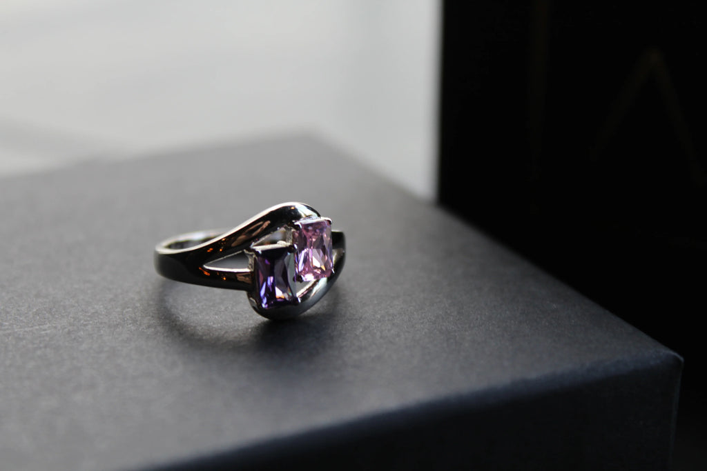 Amethyst & Pink Baguette Cut CZ Ring - Swax Jewellery Barmouth